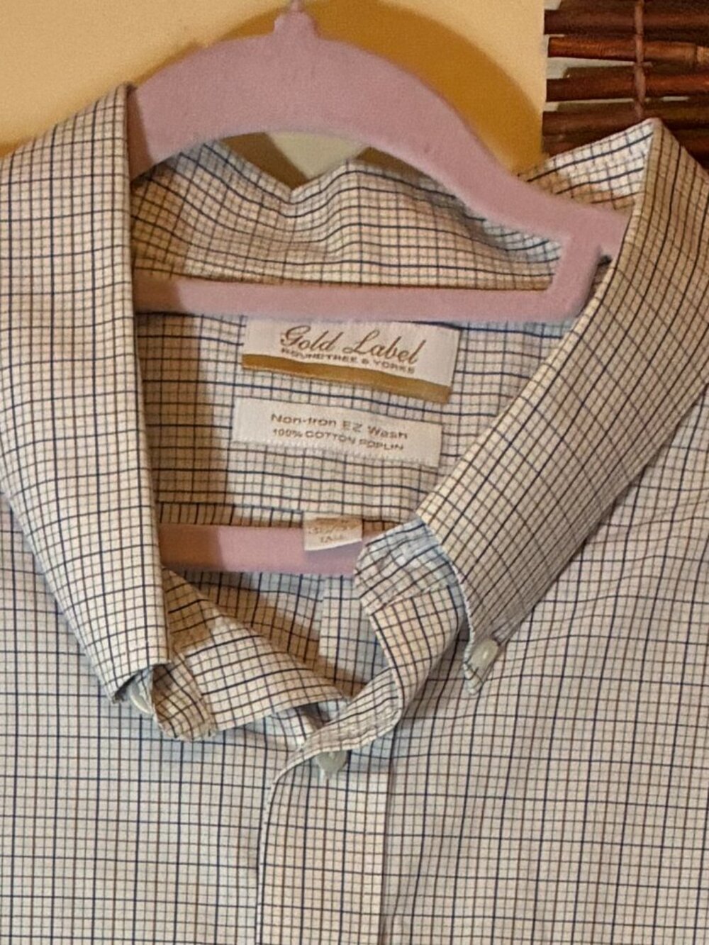 Roundtree & Yorke Gold Label Dress Shirt 20 36/37 Tall Navy Brown Grid Non-Iron
